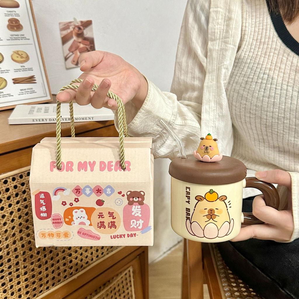Ceramic Cup with Lid and Straw Water Cup Cute Kapibala Mug High Looking Girl's Home Coffee Cup