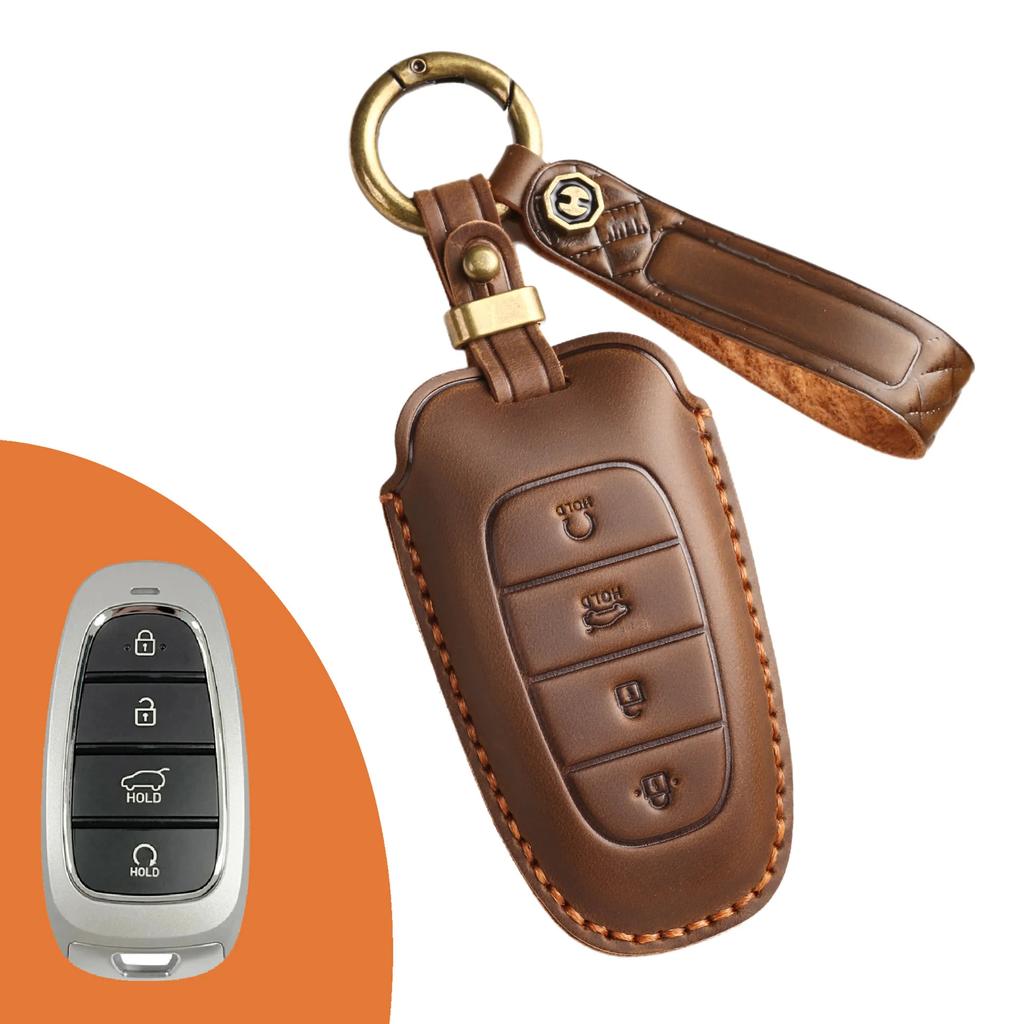 Leather Car Key Case Cover Fob Protect for Hyundai 3/4/5/7 Buttons Top Layer Leather