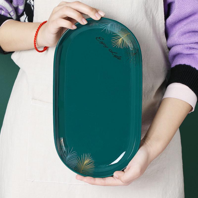 Set of 2 Peacock Green Oval Ceramic Fish Plates - Luxury Sushi and Dishware Set