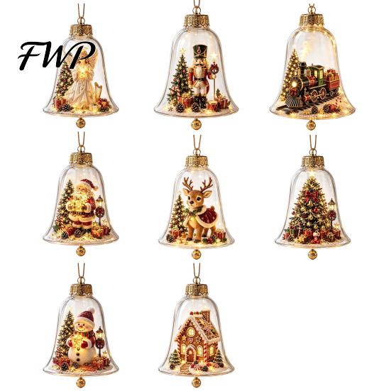 Clear Acrylic Christmas Ornaments 3D Bell Ornament, Winter Scene Decoration with Santa Immersive Wonderland Snowman Reindeer Angel Tree Inside