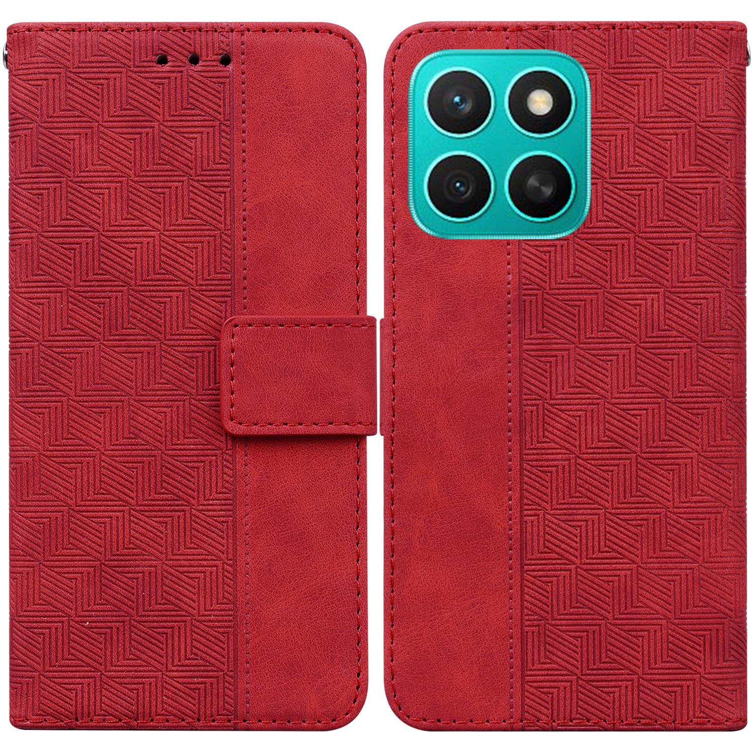 

For Honor X8c 4G Case Geometry Pattern Leather Wallet Phone Cover with Wrist Strap Red
