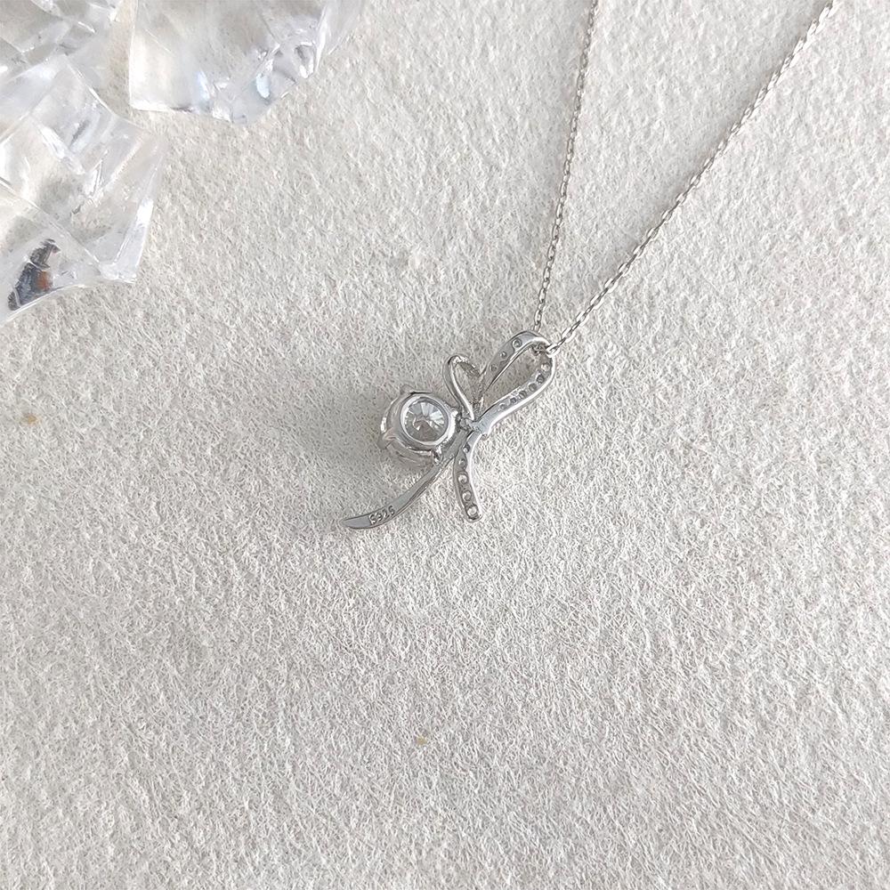S925 Sterling Silver Bow Pendant with PT950 Plated 1 Carat D Color Moissanite Necklace for Women - Light Luxury.