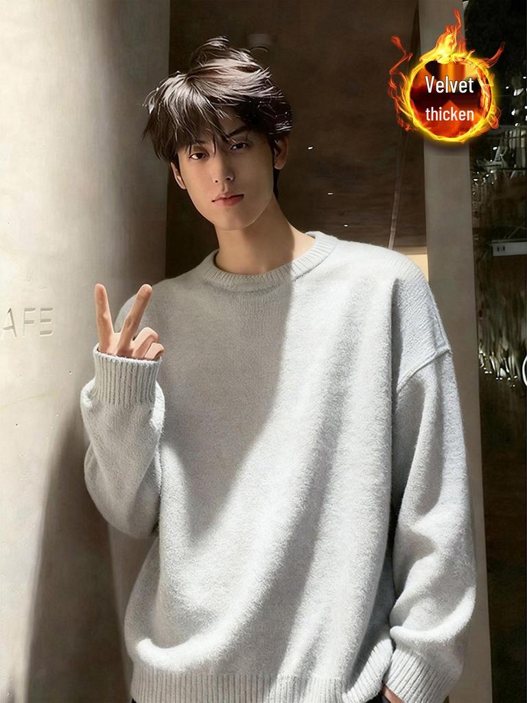 Cleanfit Men's Black Winter Knit Sweater - Plus Velvet Warm Lazy Style, Inner Layer Base, Couples' Outerwear