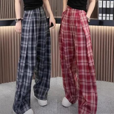 Červená kostka Jaro a léto Nové úzké provedení Rovné volné Retro ležérní kalhoty Malý design Kalhoty se širokými nohavicemi pro ženy