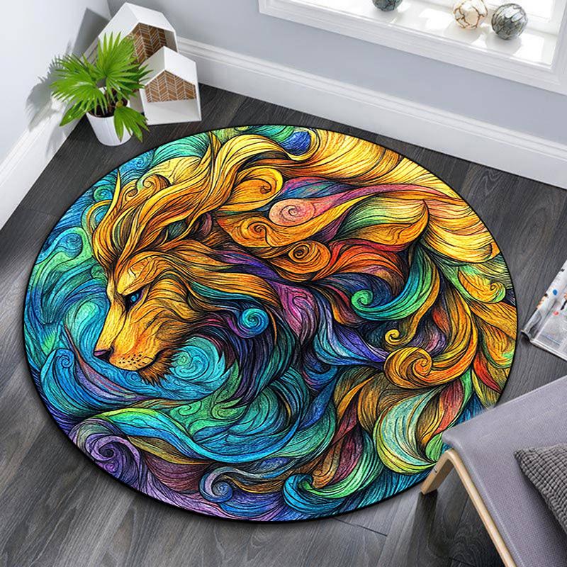 Abstract Goat and Lion Round Area Rug,Carpet Rug for Living Room Bedroom Sofa Playroom Decor,Non-slip Floor Mat