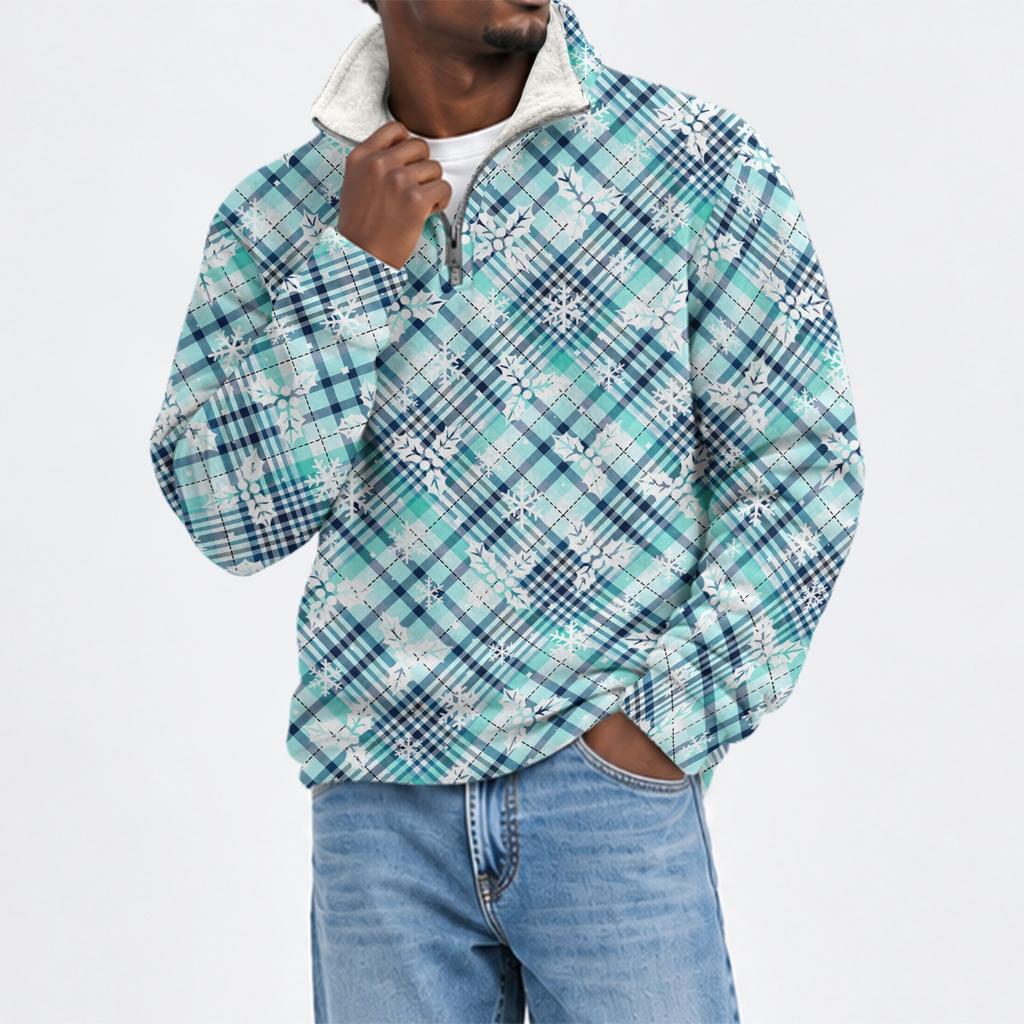 Men's Stand Collar Flannel Sweatshirt with Christmas Print