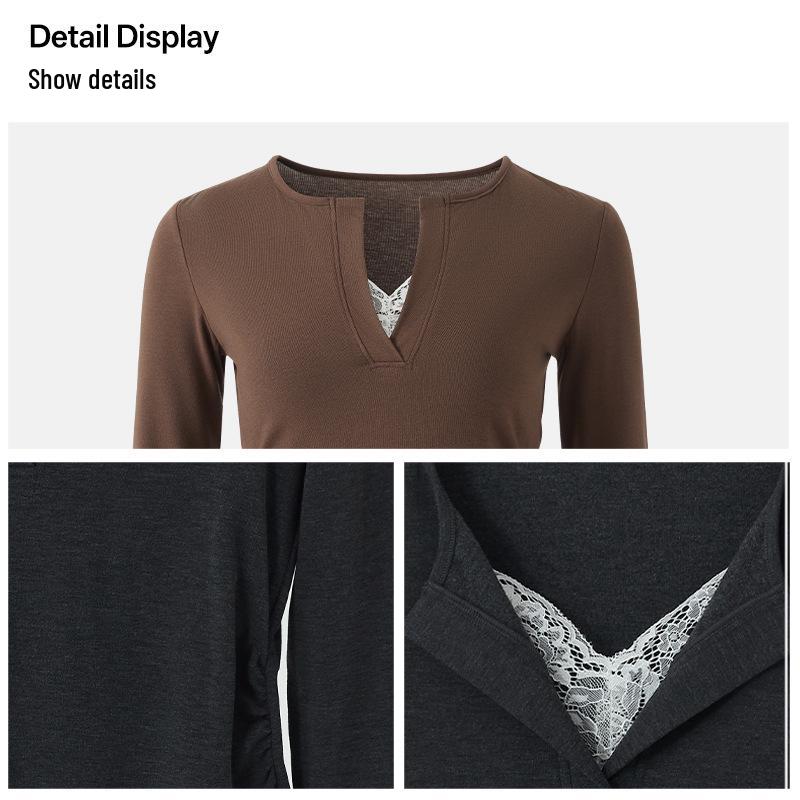 Women's V-Neck Lace Patchwork Wool-Blend Antibacterial Long-Sleeve T-Shirt