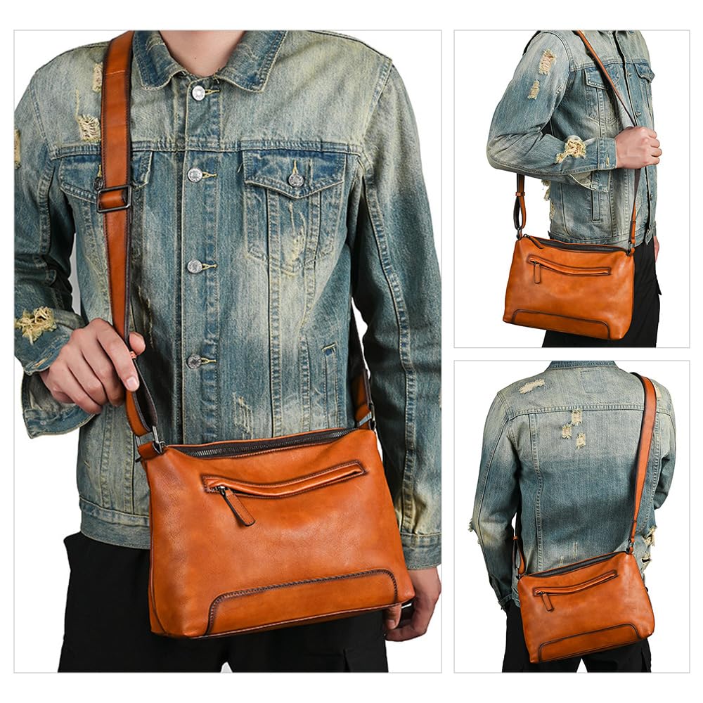 Whatna Antique-Style Tanned Natural Cowhide Leather One-Shoulder Bag for Men, Crossbody Messenger Bag, Fits Large A4 Sizes and iPads up to 10.5cm,