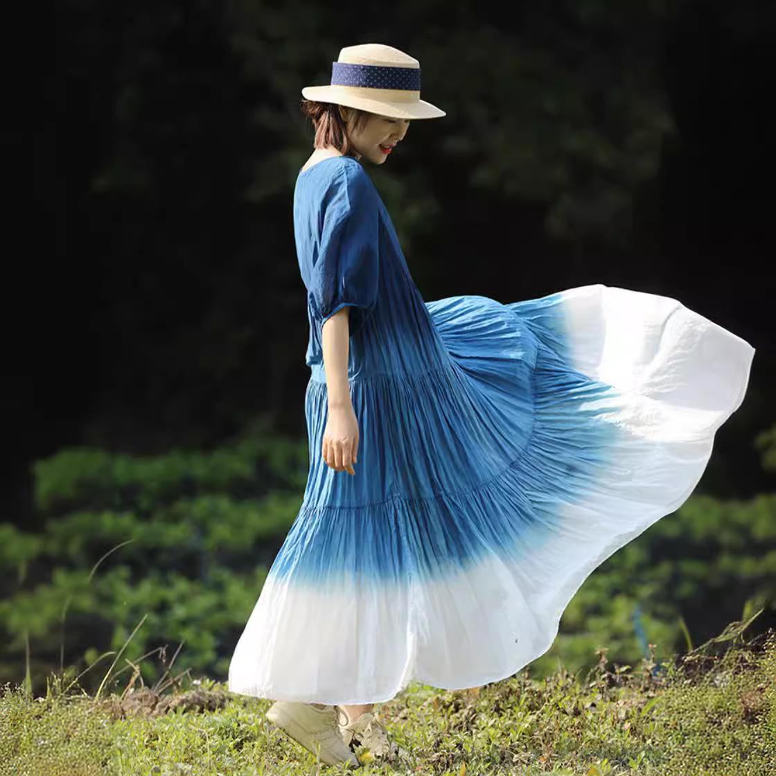 Retro Artistic Women s Dress: Plant-Based Blue Tie-Dye Gradient, Loose Lightweight Mulberry Silk Cotton M