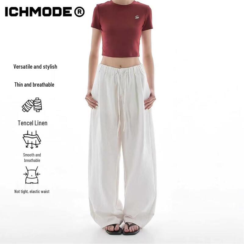 ICH MODE Women s Tencel Linen Blend Straight Wide-Leg Draped Pants M