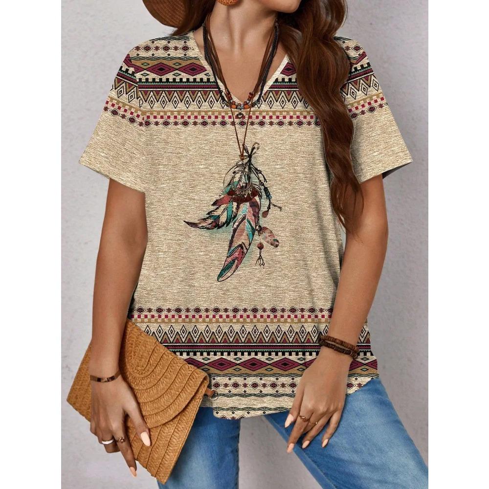 T-shirt Stampata con Fantasia Retrò alla Moda Larga a Maniche Corte Girocollo Versatile Comoda T-shirt da Donna Scollo a V