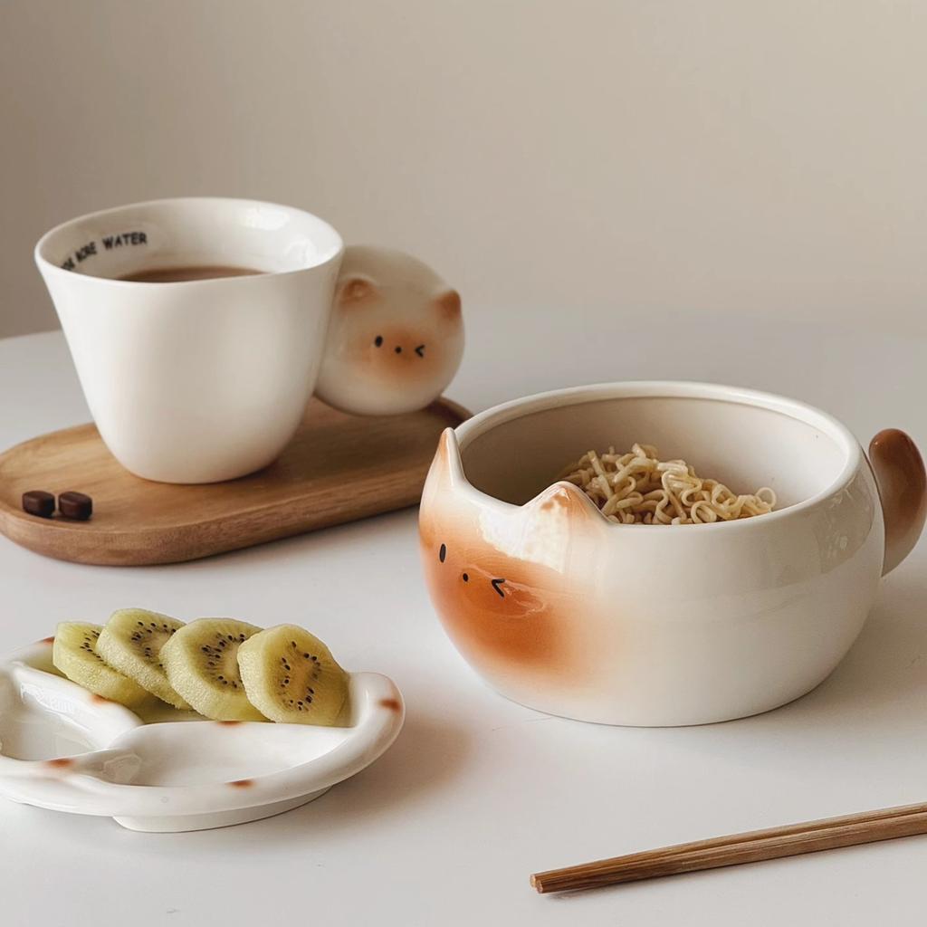 Cute Siamese Cat Noodle Bowl with Lid Ceramic Soup Salad Dip Dish for Home Dorm Breakfast