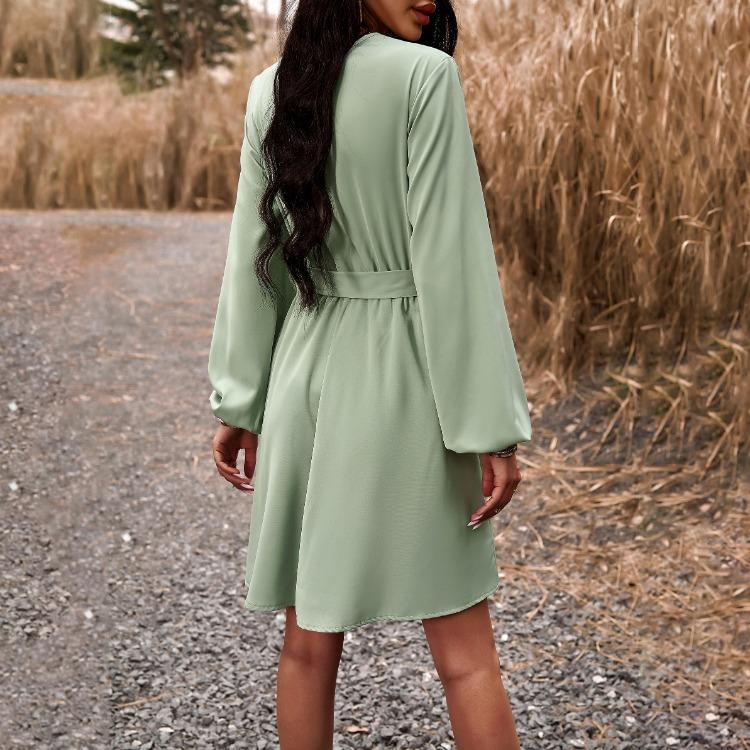 Elegant Women High Waist V Neck Lace Dress Long Sleeve Solid Fashion Mid Length Spring Autumn Dress