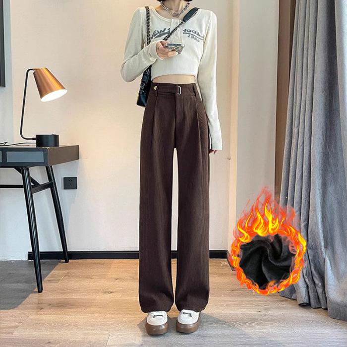 European Cotton Lint Velvet Wide-leg Pants Women's Autumn and Winter New High Waist Drape Narrow Version Woolen Pants Thickened Small Suit Pants