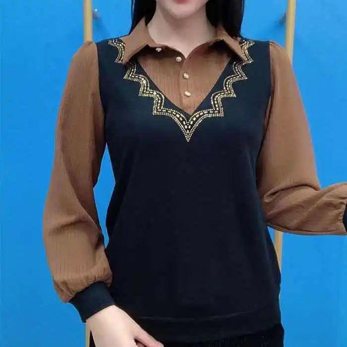 Autumn Winter New Fashion Patchwork Fake Two-piece Top for Women's Striped Long Sleeved Blouse Lapel Hot Diamond Bottoming Shirt