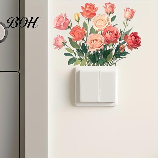 Waterproof Switch Sticker Removable Flower Sticker, Colorful Rose Peony Wall Protective Cover Decals, DIY Light for Bedroom Living Room PVC