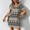 Mode d'été pour femmes Robe à col en V à manches courtes avec imprimé géométrique rétro Jupe courte sexy Robes