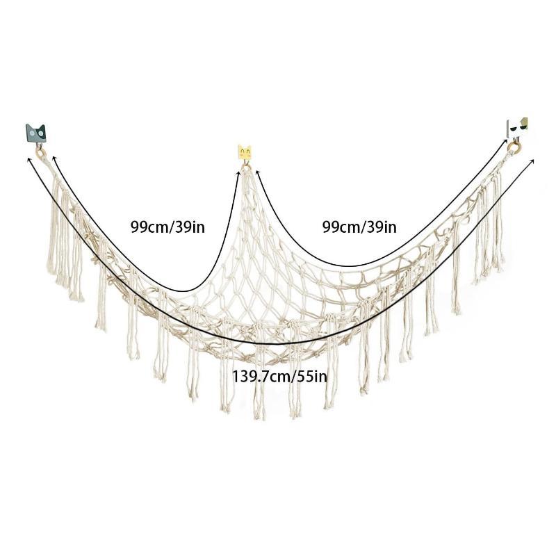 Boho Tassel Toy Hammock Wall Corner Hanging Storage Net Durable Cotton Woven Organizer for Kids Room Nursery Home Decor