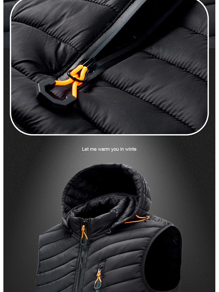 Men's Hooded Cotton-Padded Vest with Zipper Pockets for Autumn & Winter