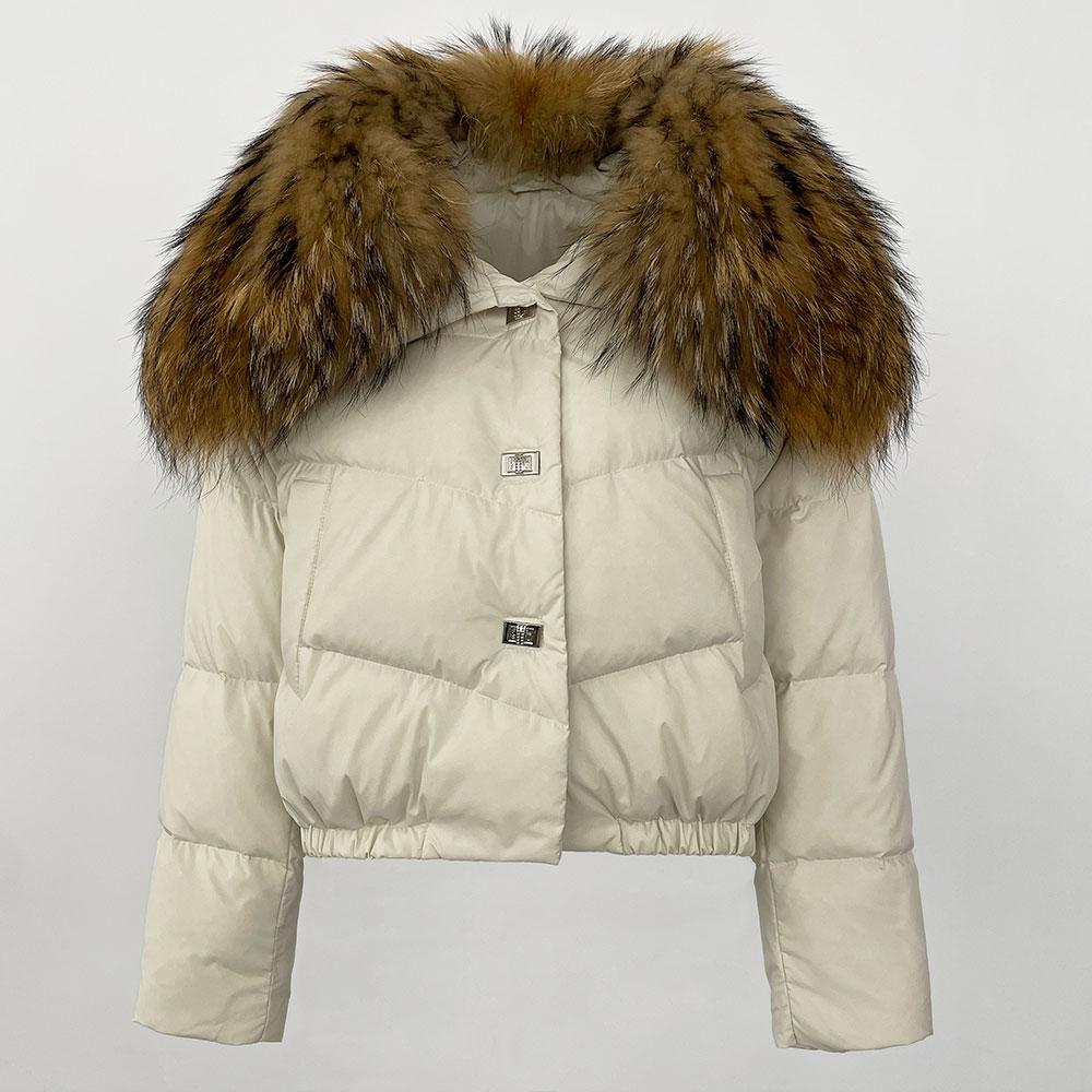 OFTBUY Geacă de Iarnă Femei Guler Mare din Blană Naturală de Raton Real, Gros, Cald, Puf de Rață, Scurt, Îmbrăcăminte Exterioară, Streetwear, Larg, Casual