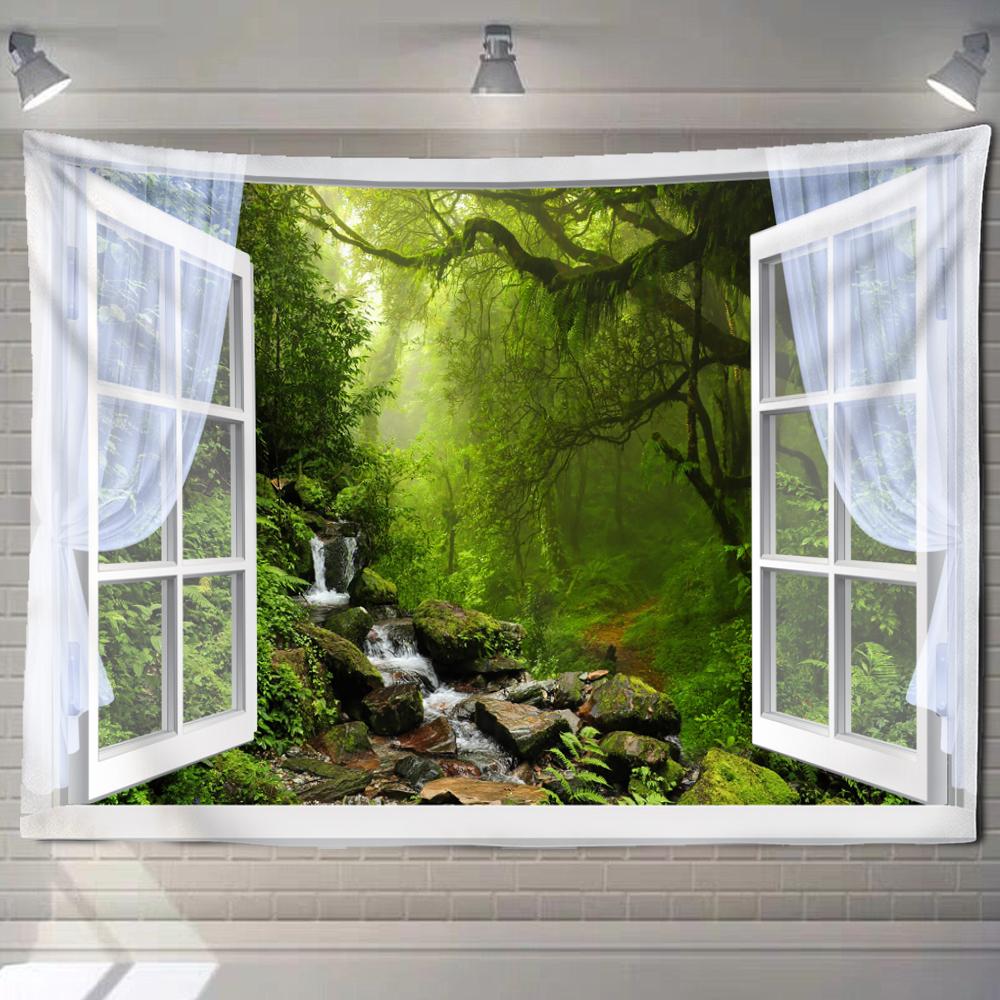 Imitation Window Forest Landscape Painting Tapestry Wall Hanging Bohemian Style Psychedelic Mandala Home Decor