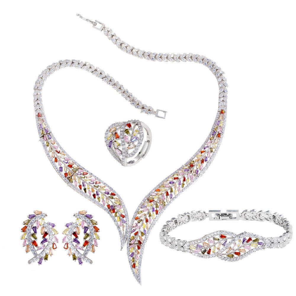 Color Chain Dinner Dress Wedding Match Necklace Earrings Bracelet Ring Four-Piece Jewelry