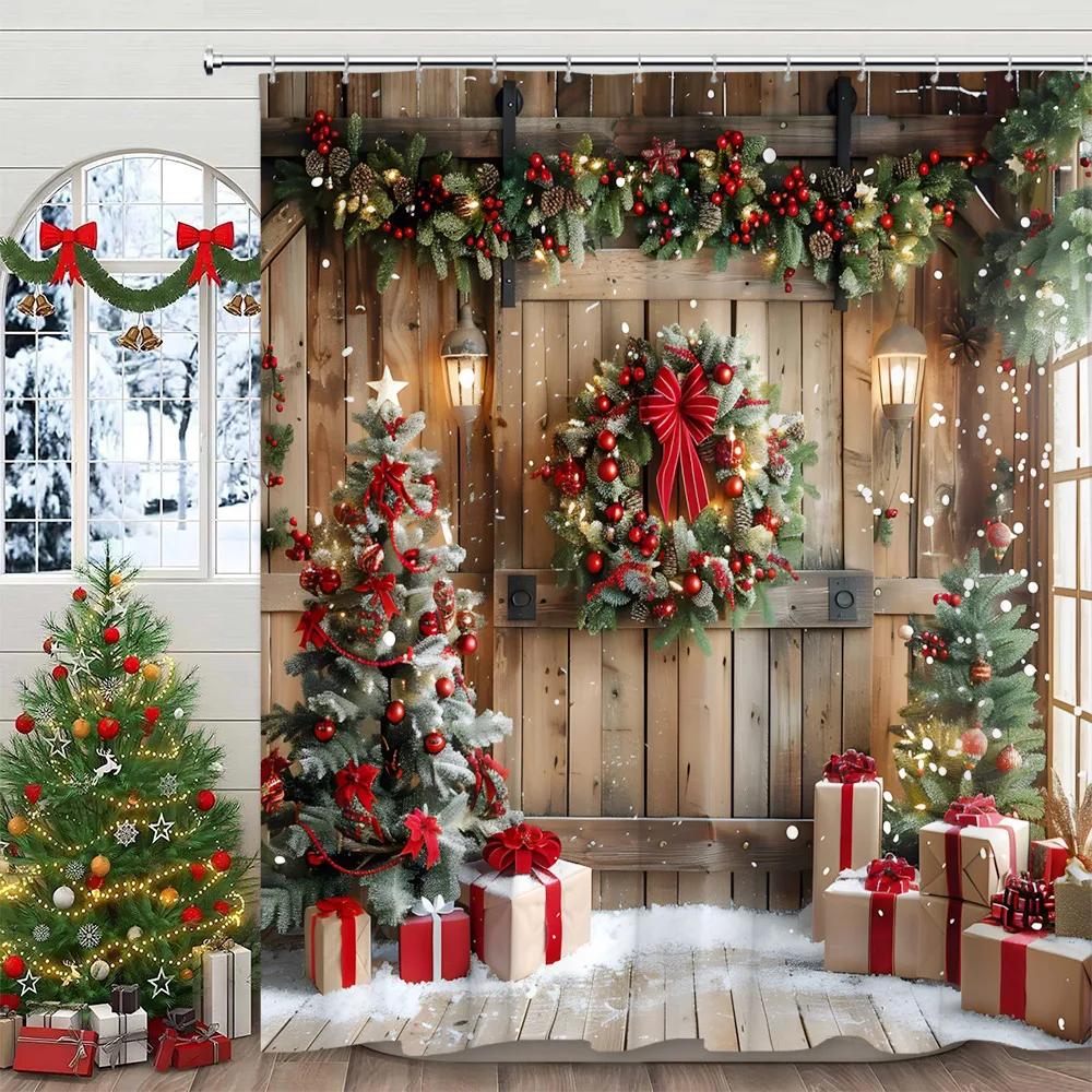 Christmas Shower Curtain Winter Holiday Farm Mantel Stockings Gifts Rustic Pine Home Polyester Fabric Bathroom Decor Curtain Set