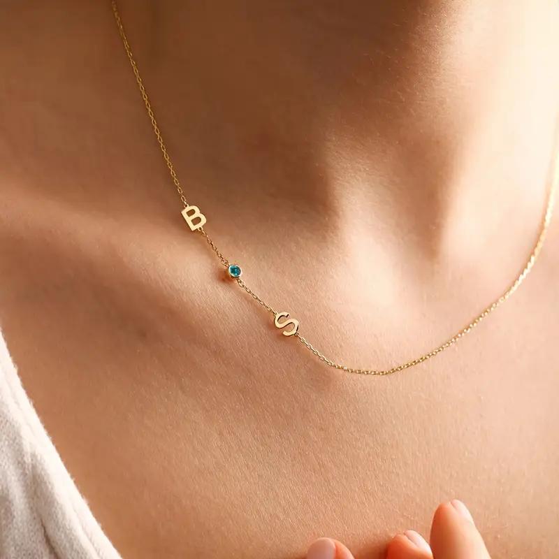 

Personalized Stainless Steel 1-2 Letter Pendant Necklace Women Two Initials With Birthstone Custom Jewelry Exquisite Gift Mather Silver