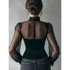 Damen Mesh Spitze Lang Fließend Ärmel Bluse Elegant Hoher Hals Schlank Passend Durchsichtig Gespleißt Korsett Stil Oberteil Party Lässiges Hemd