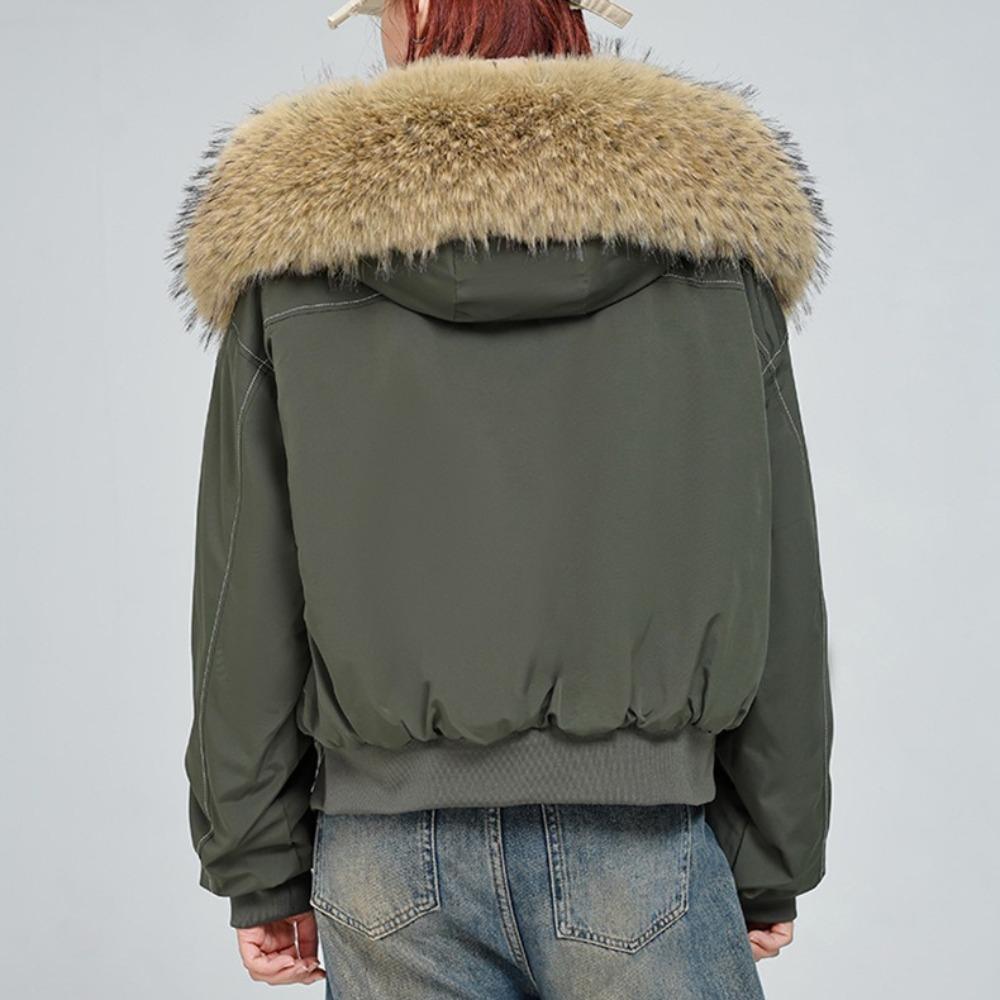 Women Short  Puffer Jacket Large Faux Fur Hood Collar Zip‑Up Stitched Detail Warm Winter Casual Outerwear