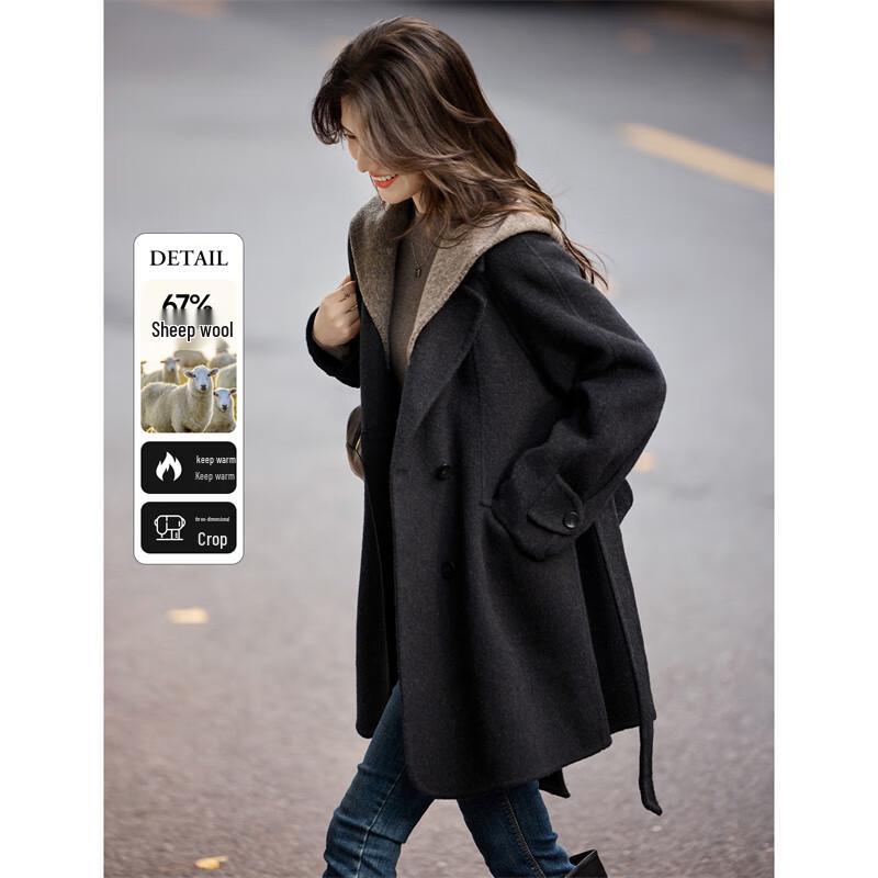 

Xinfeiyu Women s Color Block Hooded Double-Faced Wool Coat S