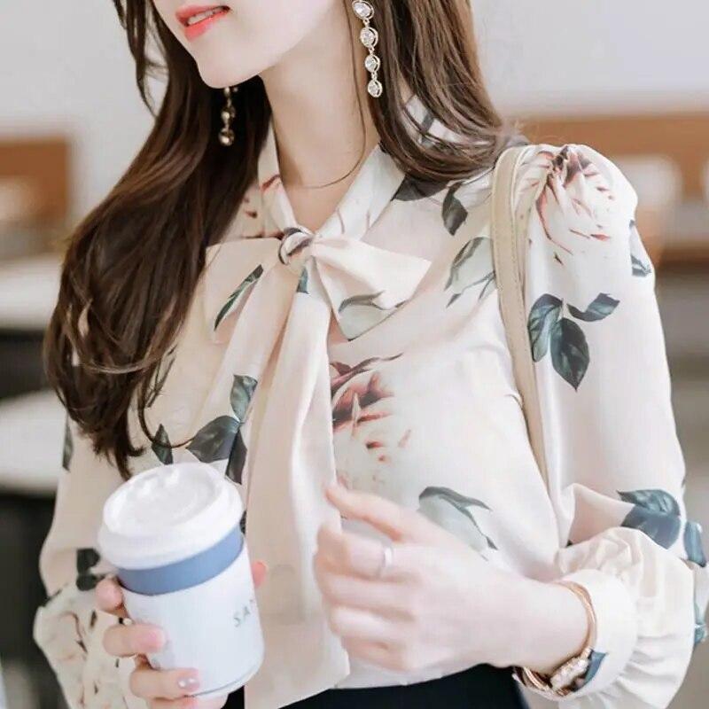 Women's Long Sleeved Bottoming Shirt Spring Autumn New Scarf Collar Tie Up Print Chiffon Top S-5XL