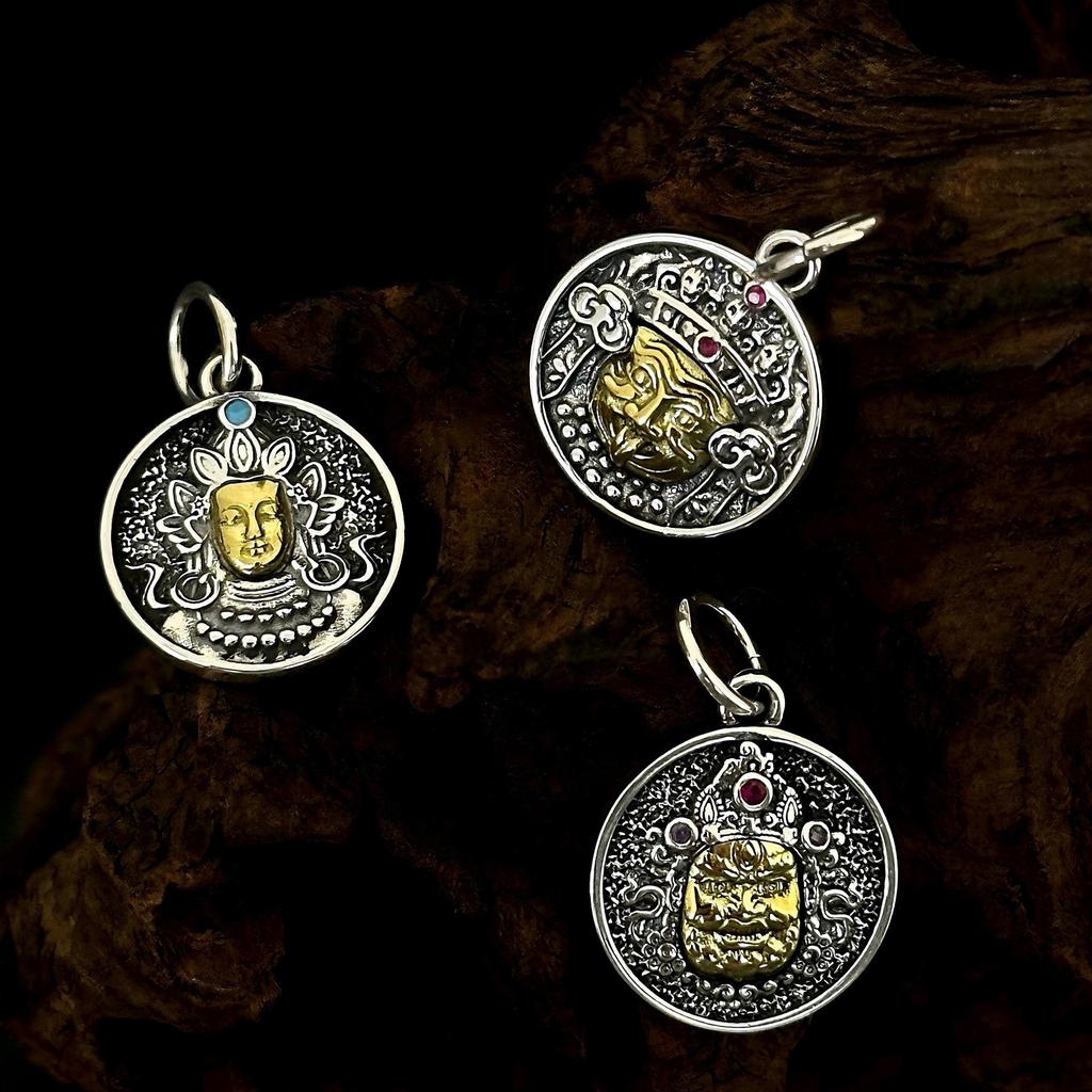 S925 Sterling Silver Green Tara & Yellow Jambhala Double-Sided Vajra Pendant in Tibetan Style for Men and Women