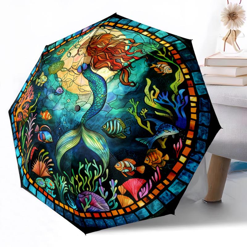 Mermaid Fantasy Underwater Scene Outdoor Automatic Umbrella Retractable Design with 8-Rib Durability Lightweight Perfect Gift for Friends Family