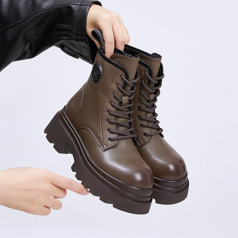 Leather Martin Boots Women's Thick Heel 2025 New Autumn and Winter Thick-soled Medium Boots Children's Versatile Velvet British Style Short Boots