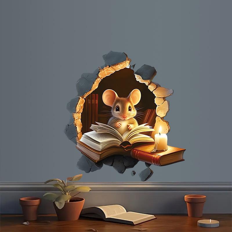 Creative Cartoon Mouse Reading Book in Mouse Hole Wall Sticker Self-Adhesive Removable for Kids Room Study Room Classroom Home Decor Art