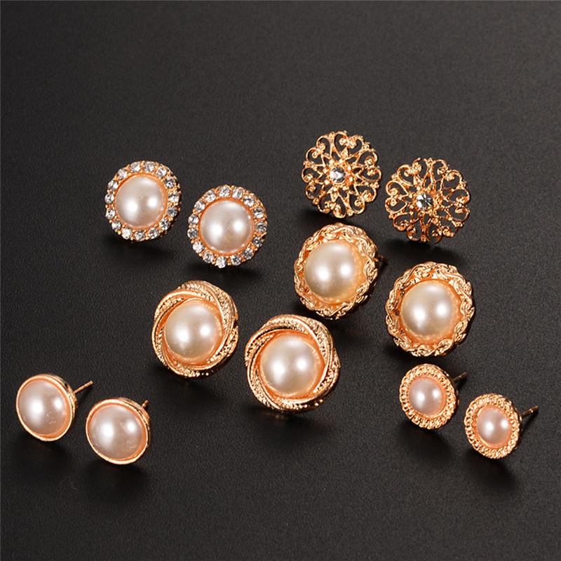 6Pairs/Set Rhinestone Crystal Pearl Earrings Ear Studs Earrings Elegant Jewelry