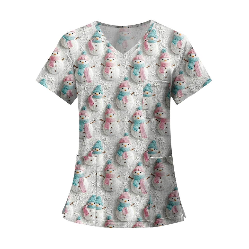 Women's Fashion Printed Short Sleeve V Neck Pattern Tops Pocket Working T-shirts
