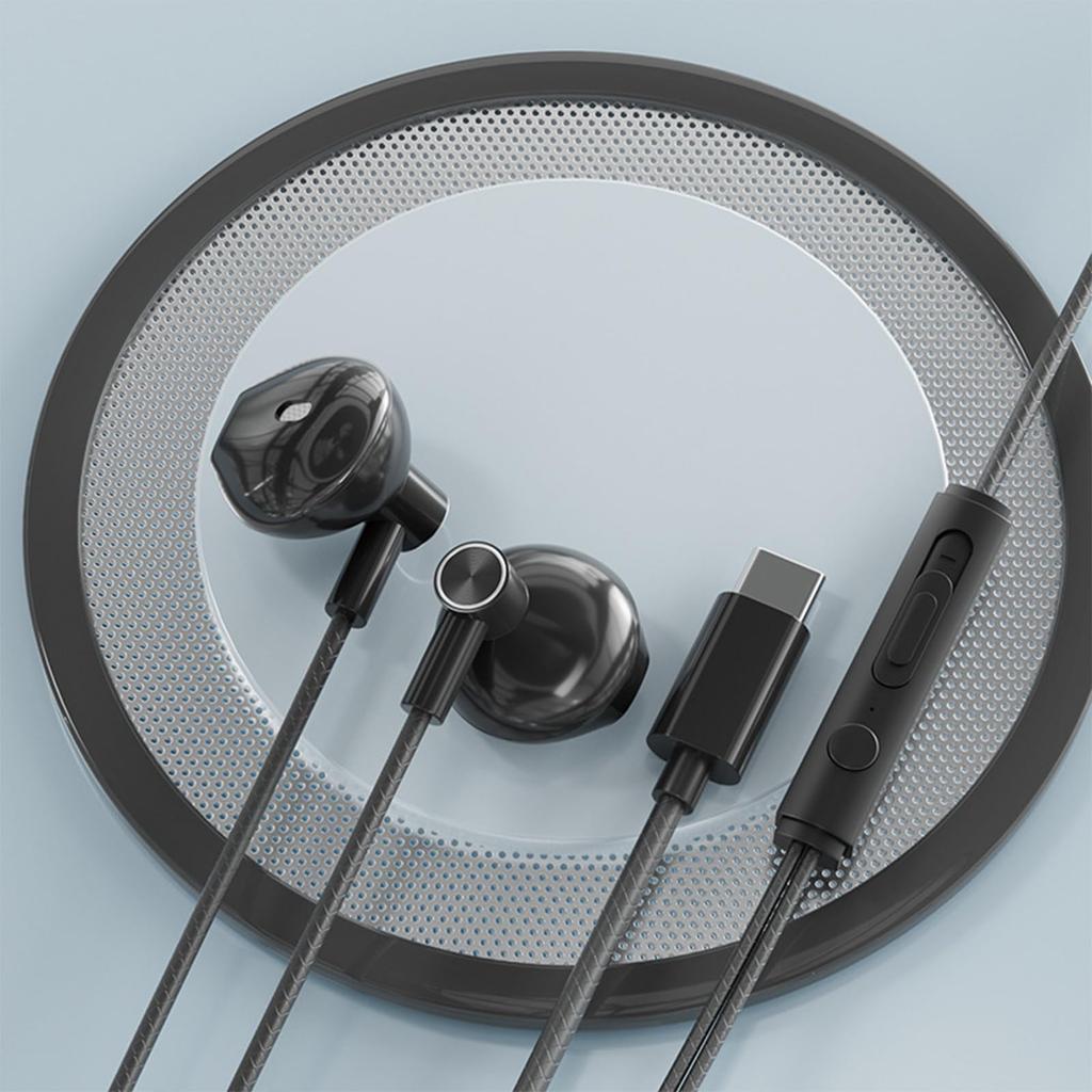 Wired Type C with Volume Voice Compatible with iPhone Earphones, Earphones, In-Ear, Microphone, Control, Calls, Black, 15, iPad, Xperia, OPPO, Xiaomi,
