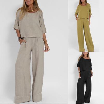 Ensembles 2 Pièces Femme Été Coton Lin Survêtement Costume Haut Manches Courtes Pantalon Ample