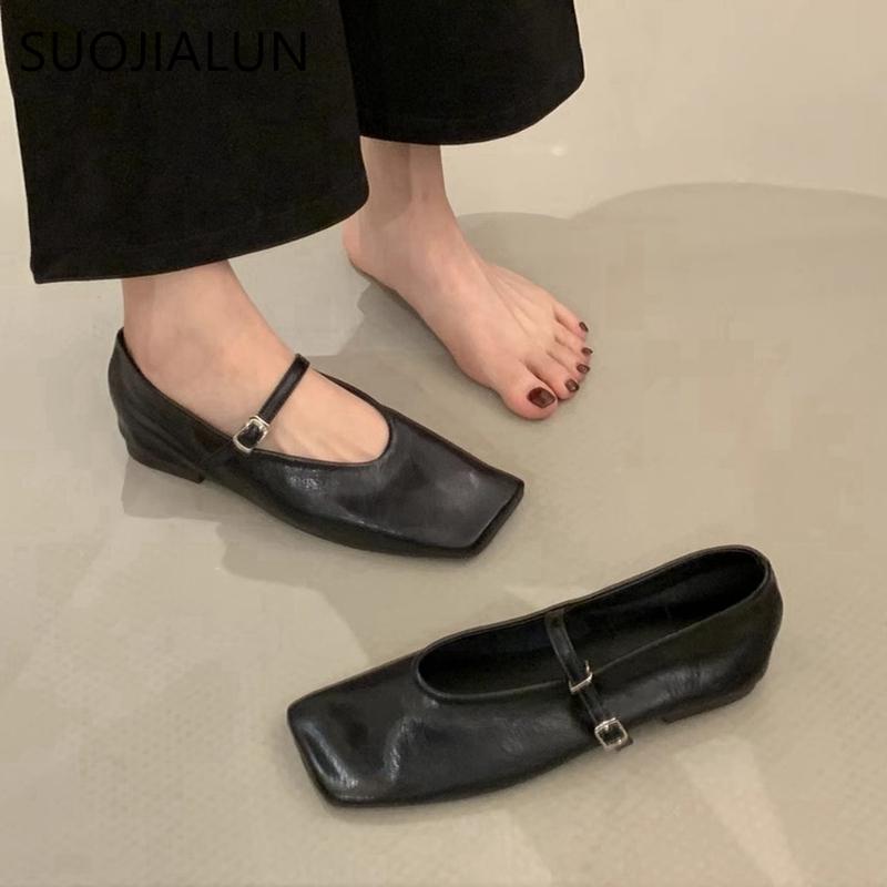 Fashion SUOJIALUN New Brand Women Flat Shoes Fashion Round Toe Slip On Ladies Mary Jane Shoes Soft Flat Outdoor Dress Single Shoes
