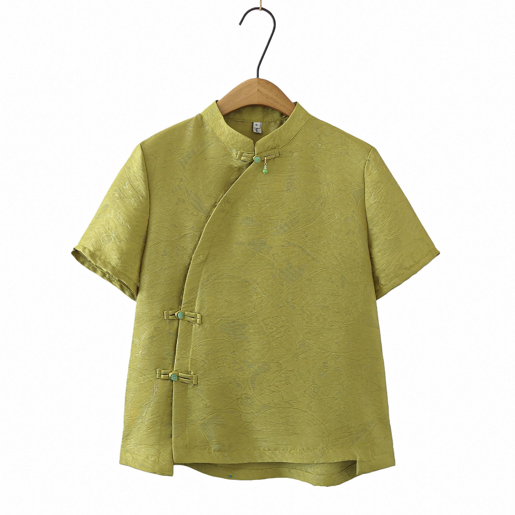 

2026 Plus Size Women s Chinese Style Irregular Short Sleeve Jacquard T-Shirt Blouse 2XL жёлтый/циан