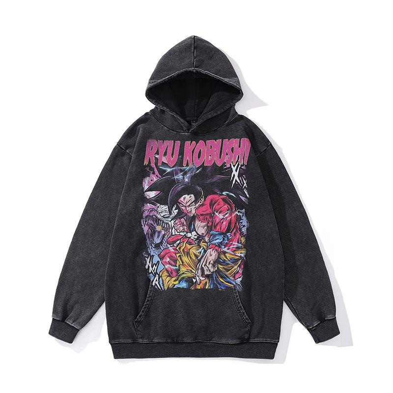 Sweat à capuche Rétro Tendance Marque Hip Hop Street Lavage à l'eau Aspect Vieilli Impression Dessin Animé Japonais Sweat à Capuche Hommes et Femmes Tendance