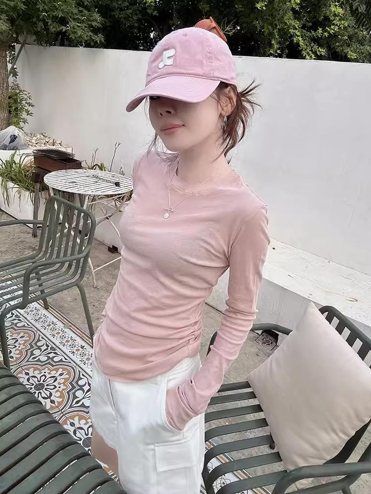 Women's Crew Neck Long Sleeve T-Shirt Slim Fit Sheer Thin Layering Basic Top Solid Color Commuter Blouse 2024 Autumn