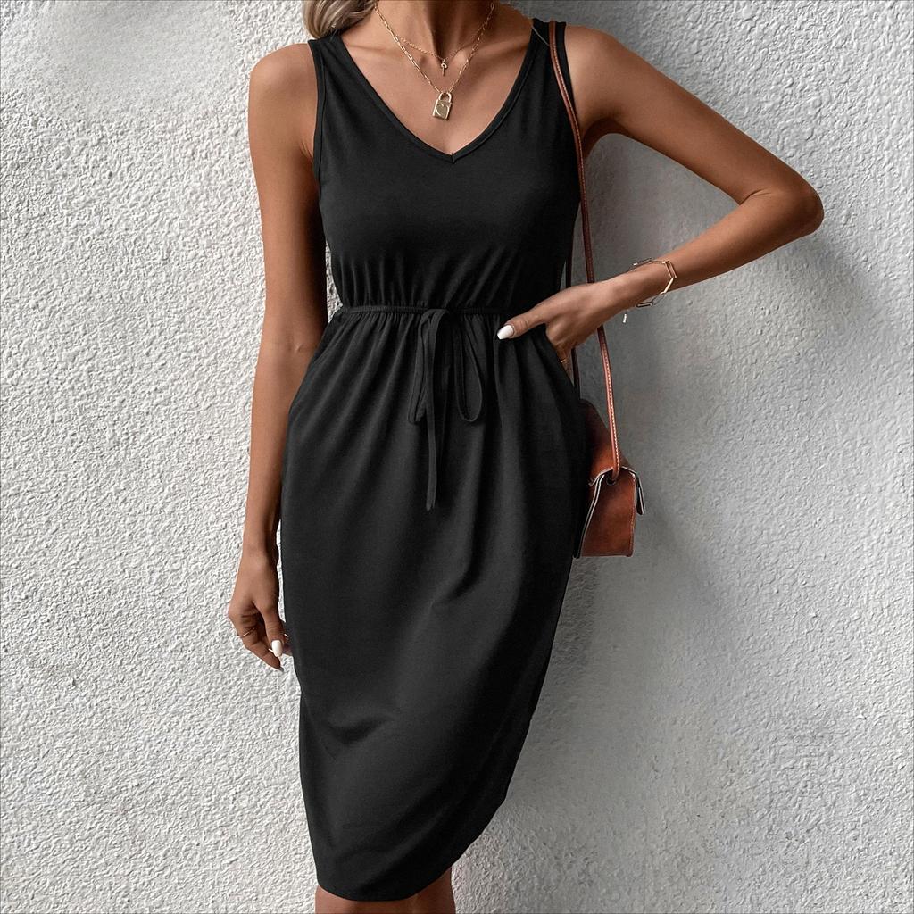 Women's Fashion Summer Spring Solid Color Print Sleeveless Suspenders V-Neck Casual Dresses