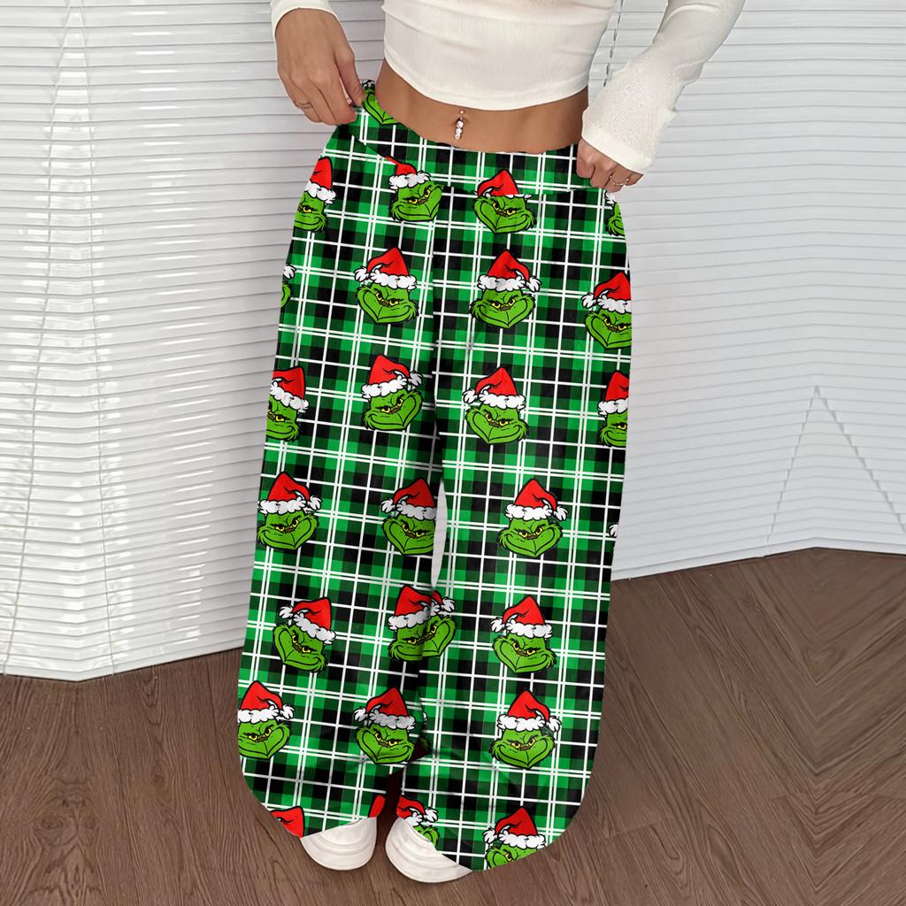 Damen Casual Weihnachten Print Elastischer Bund Lockerer Schnitt Mit Plüsch Weites Bein Hose