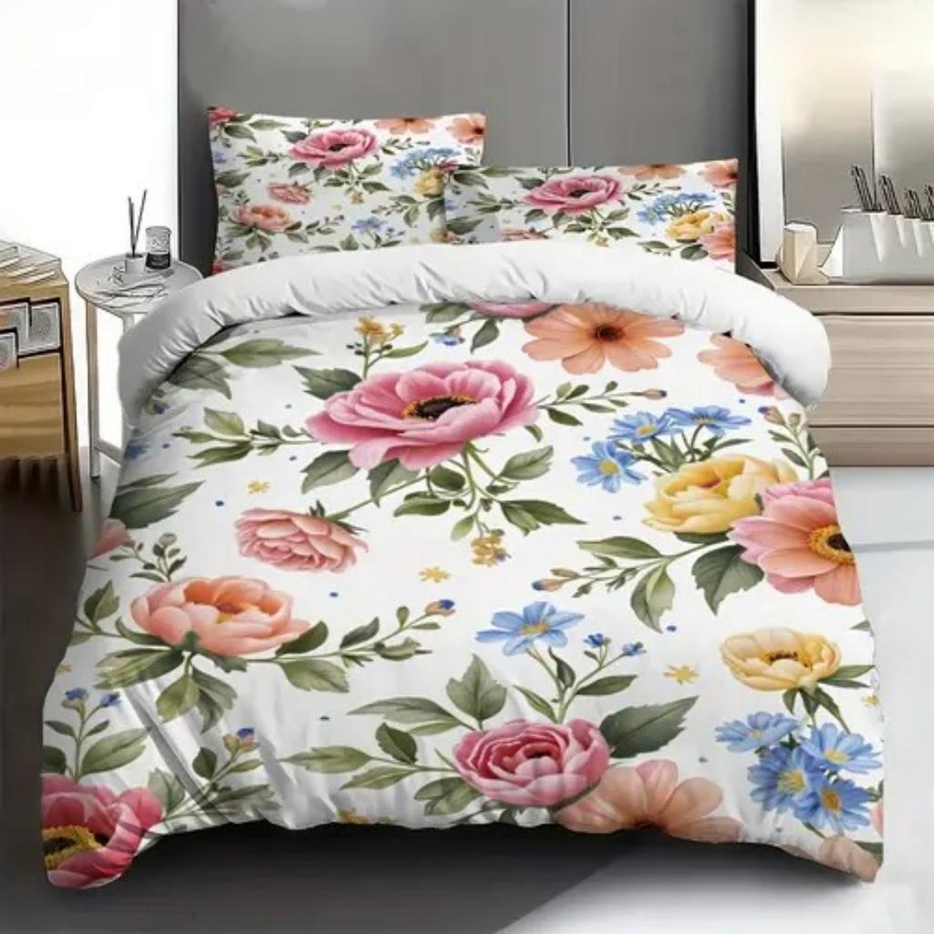 High-End Premium Pink Peony Patern Soft Duvet Cover Quen Sized Dimensions Colorful Floral Set Pink Background Botanical Flowers Peony Beding Set 3 Pcs
