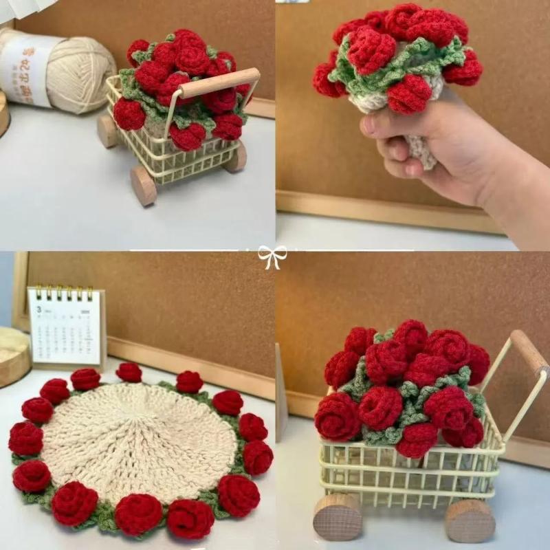 Diy Rose Bouquet Coaster Material Kit Handmade Crochet Flower Placemat Cupmat Home Desktop Potted Plant Ornaments Gift
