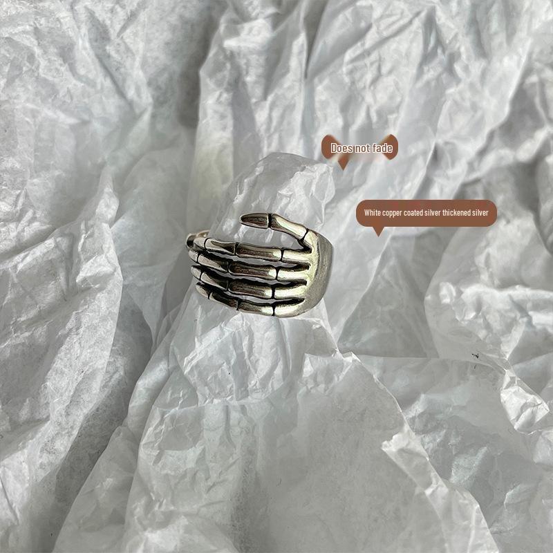 925 Sterling Silver Skull Hand Hip-Hop Open Ring for Women - Punk Style, Non-Fading