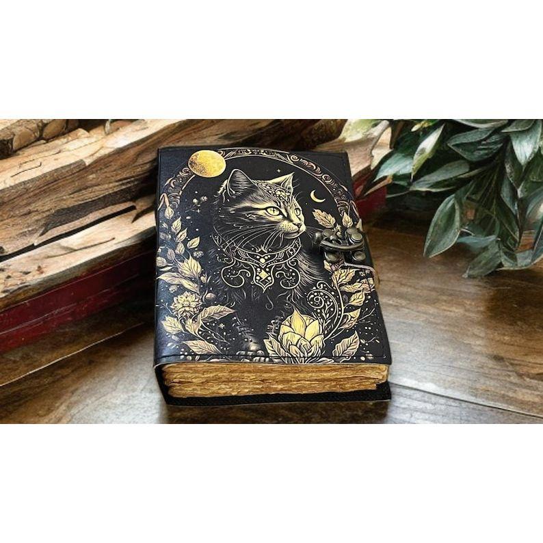 Celtic Cat Leather Journal • Handmade Grimoire Book of Shadows • Gift for Witches & Cat Lovers”